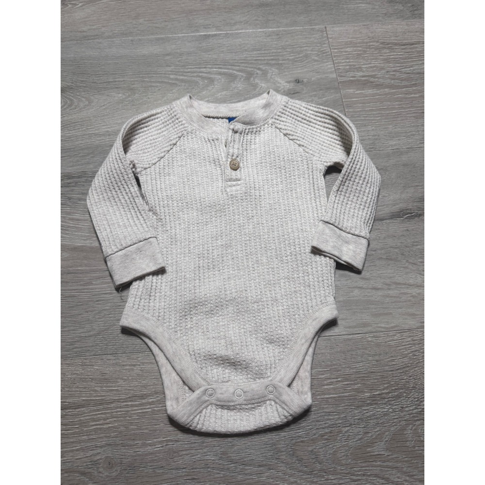 Old Navy Baby Oatmeal Heather Waffle Knit Henley Long Sleeve Bodysuit 3-6M